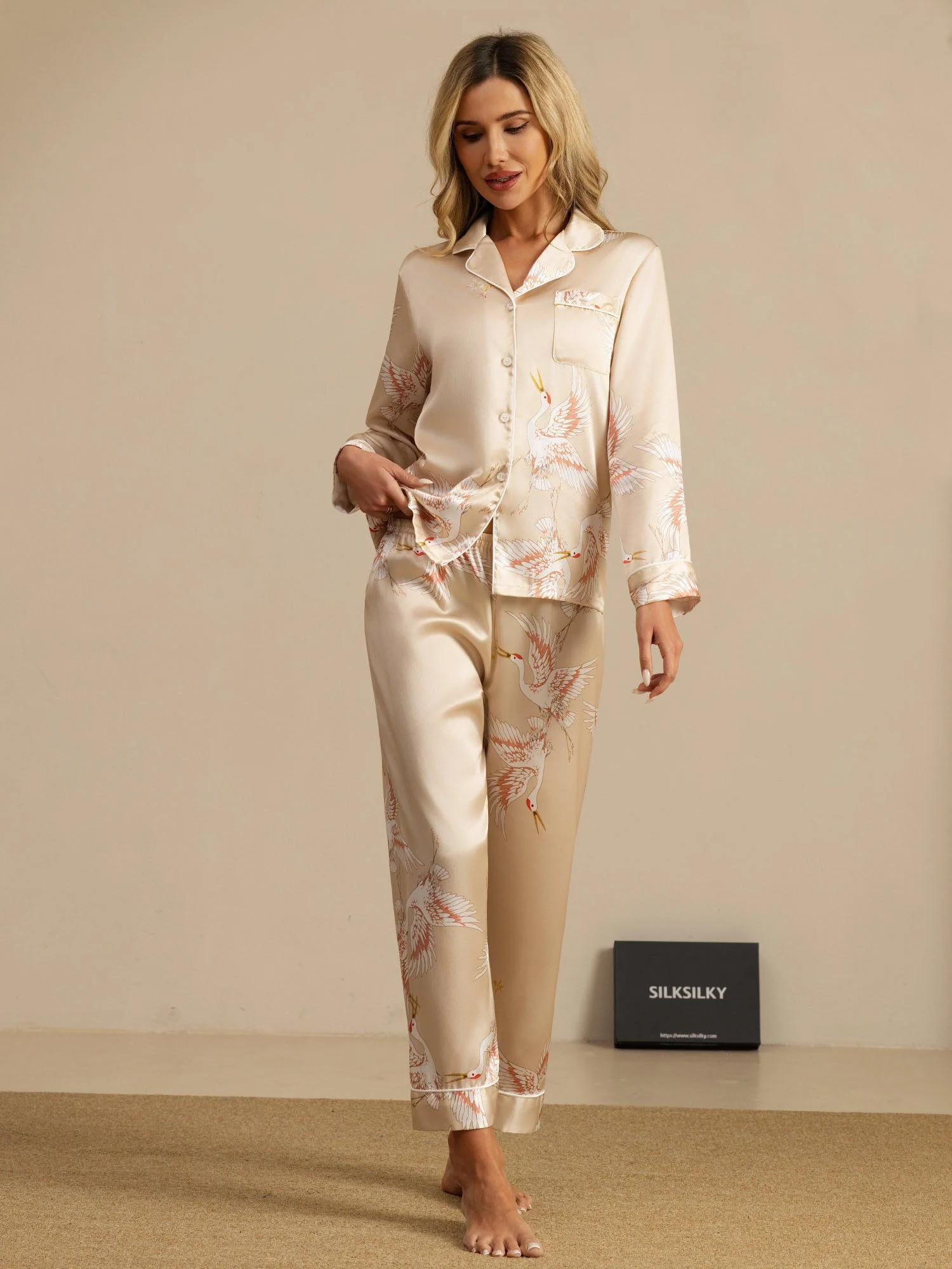 Ensemble De Pyjama En Soie Pure 19Momme À Revers Et À Manches Longues Pour Femme Avec Imprimé Grue - Image 35