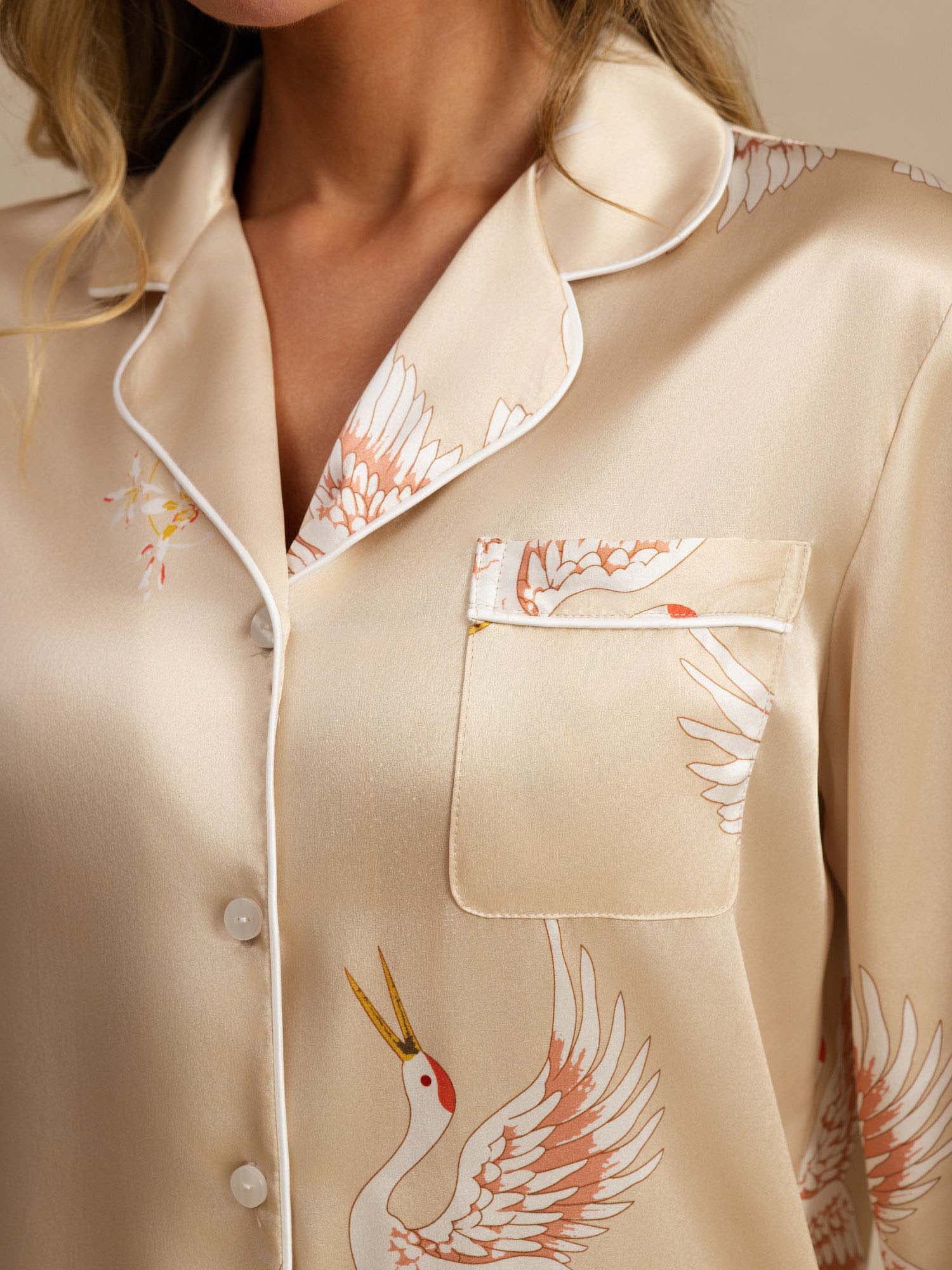 Ensemble De Pyjama En Soie Pure 19Momme À Revers Et À Manches Longues Pour Femme Avec Imprimé Grue - Image 37