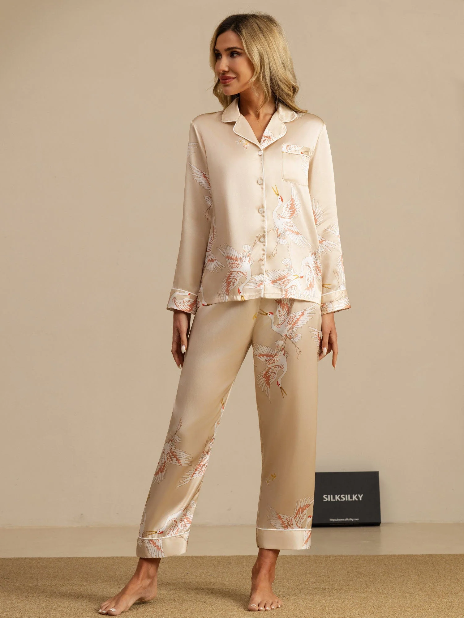 Ensemble De Pyjama En Soie Pure 19Momme À Revers Et À Manches Longues Pour Femme Avec Imprimé Grue - Image 39