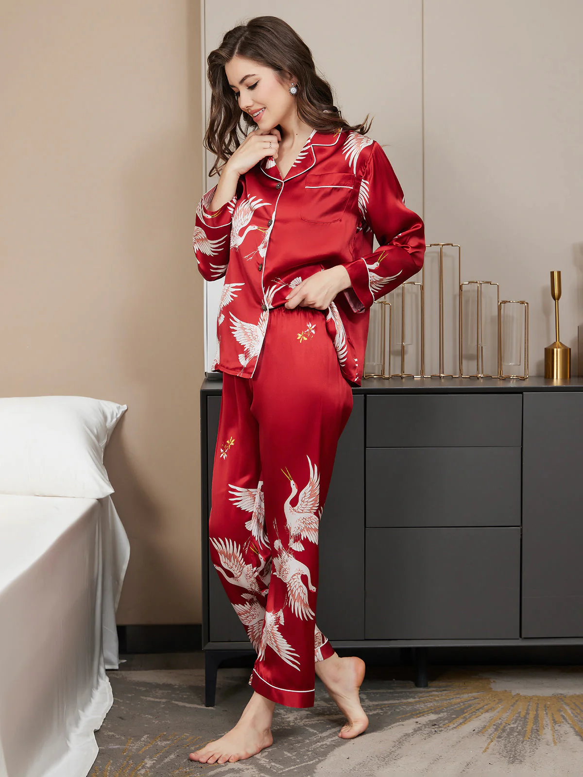 Ensemble De Pyjama En Soie Pure 19Momme À Revers Et À Manches Longues Pour Femme Avec Imprimé Grue - Image 4