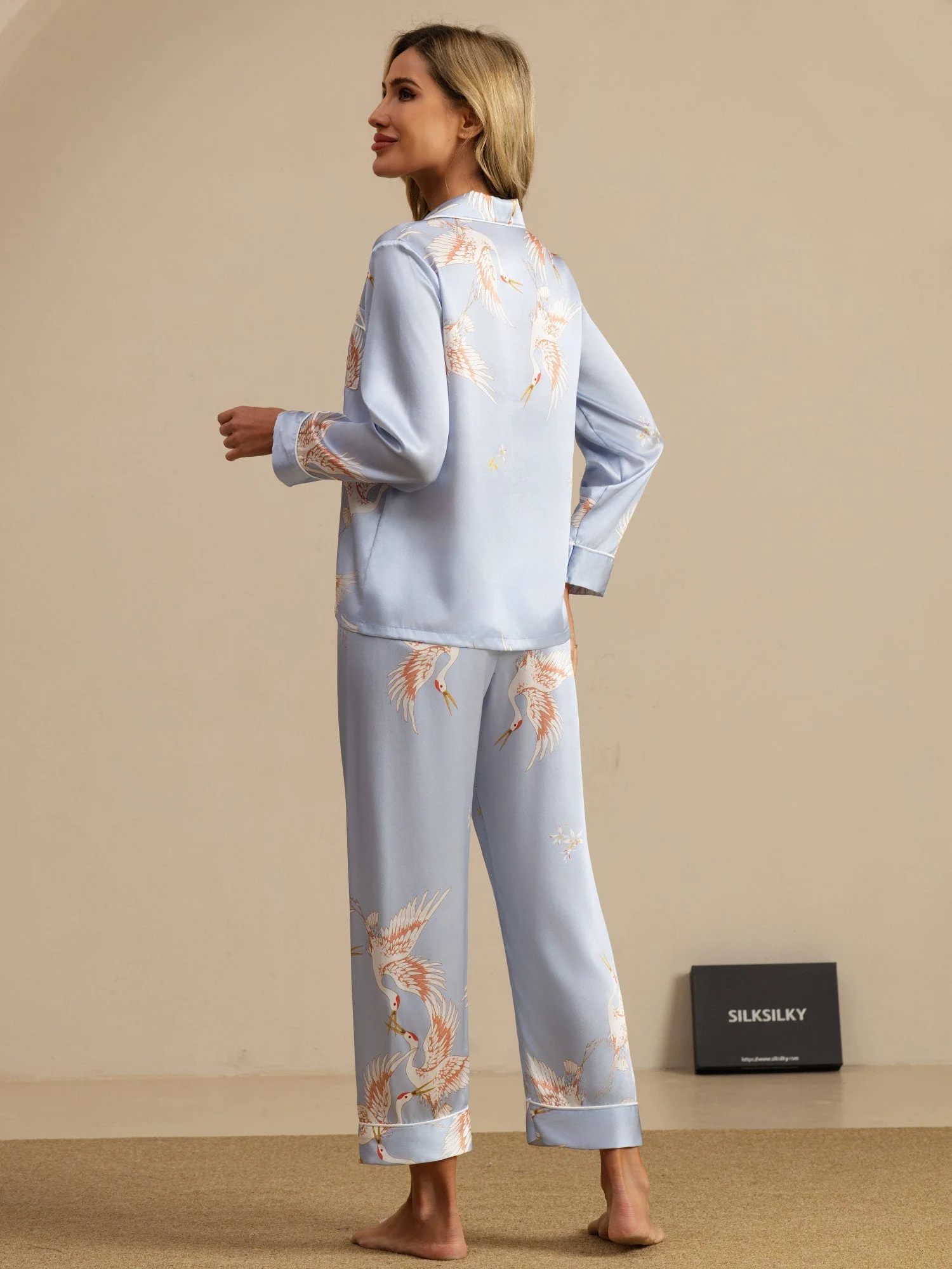 Ensemble De Pyjama En Soie Pure 19Momme À Revers Et À Manches Longues Pour Femme Avec Imprimé Grue - Image 41