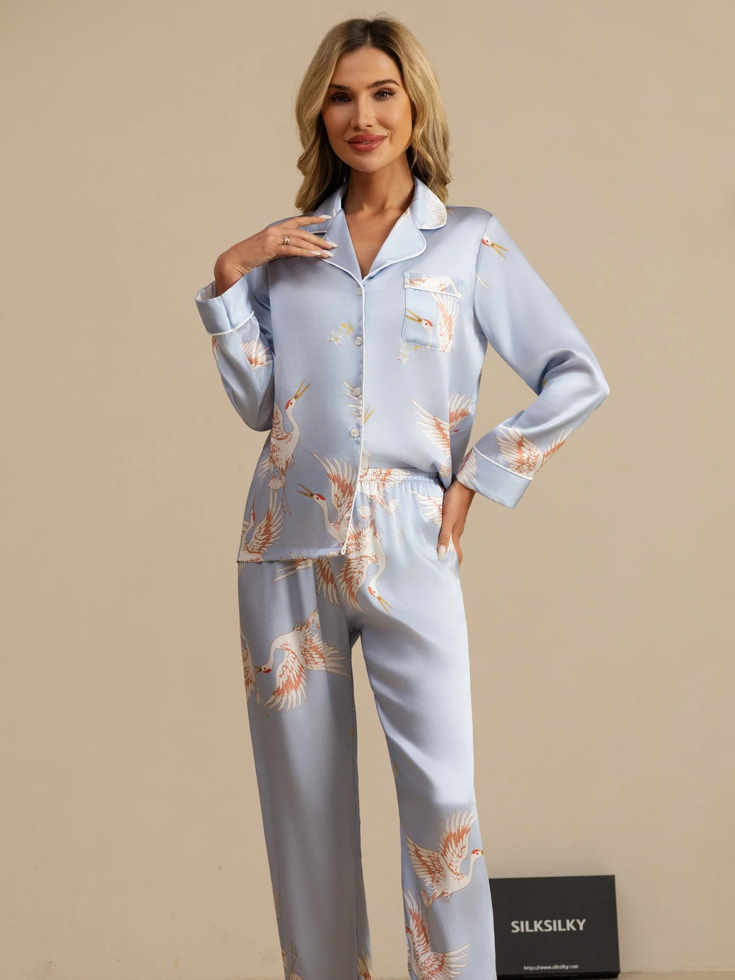 Ensemble De Pyjama En Soie Pure 19Momme À Revers Et À Manches Longues Pour Femme Avec Imprimé Grue - Image 45