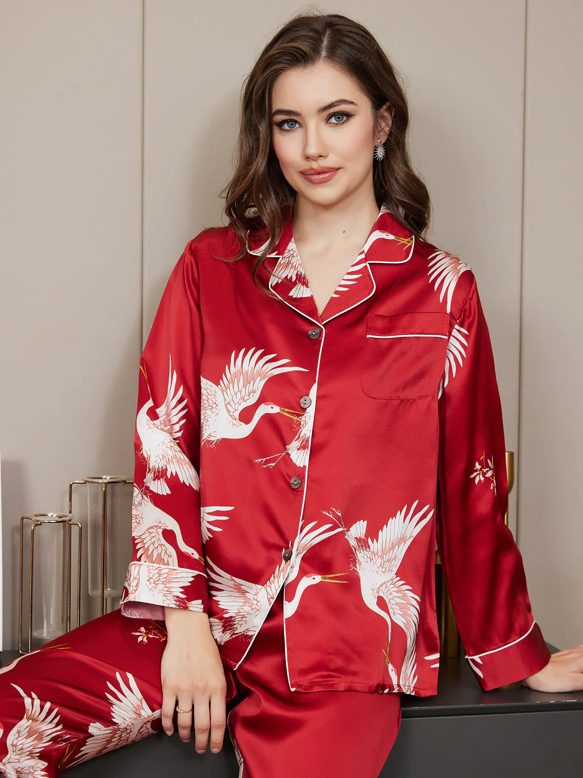 Ensemble De Pyjama En Soie Pure 19Momme À Revers Et À Manches Longues Pour Femme Avec Imprimé Grue - Image 5