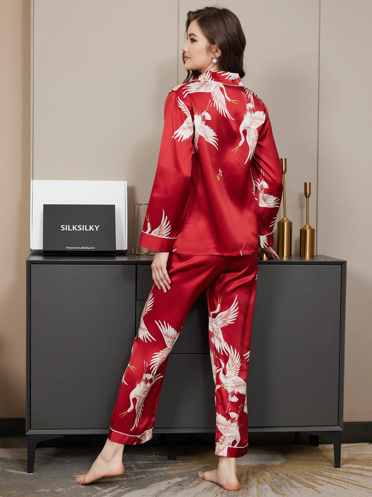Ensemble De Pyjama En Soie Pure 19Momme À Revers Et À Manches Longues Pour Femme Avec Imprimé Grue - Image 6