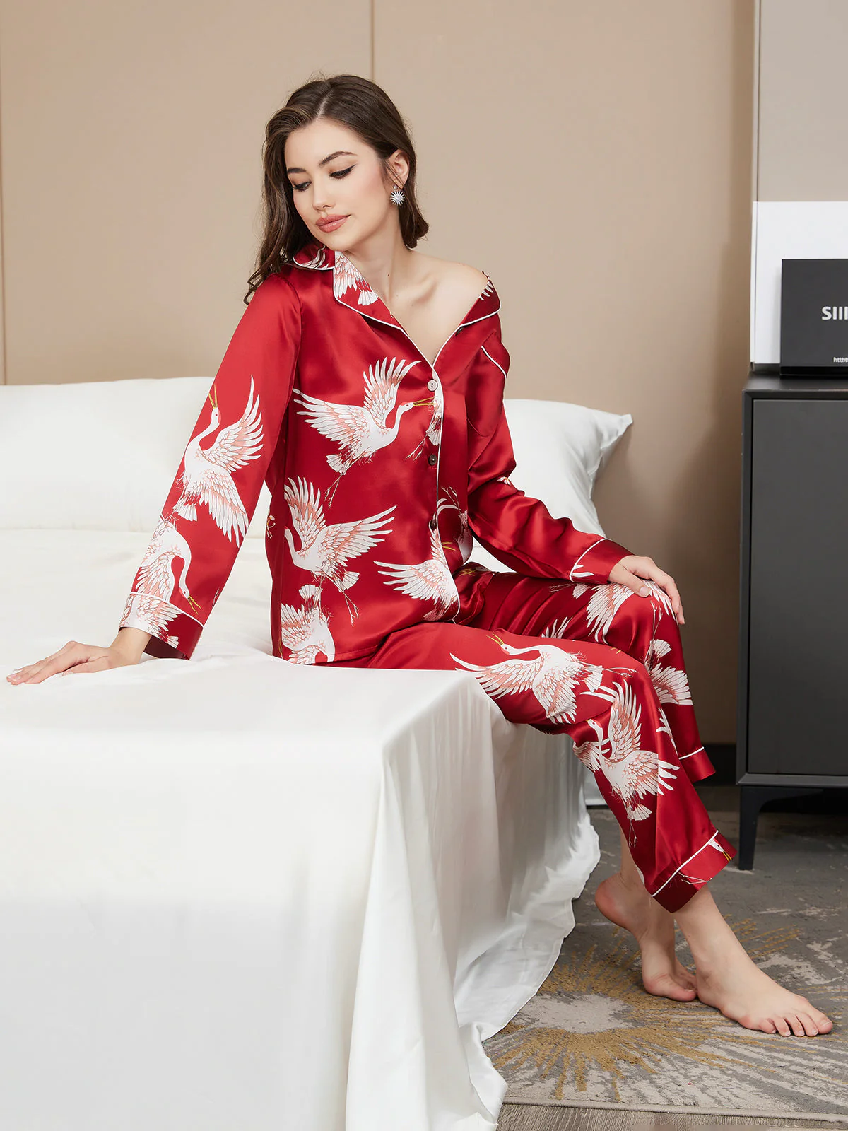 Ensemble De Pyjama En Soie Pure 19Momme À Revers Et À Manches Longues Pour Femme Avec Imprimé Grue - Image 7