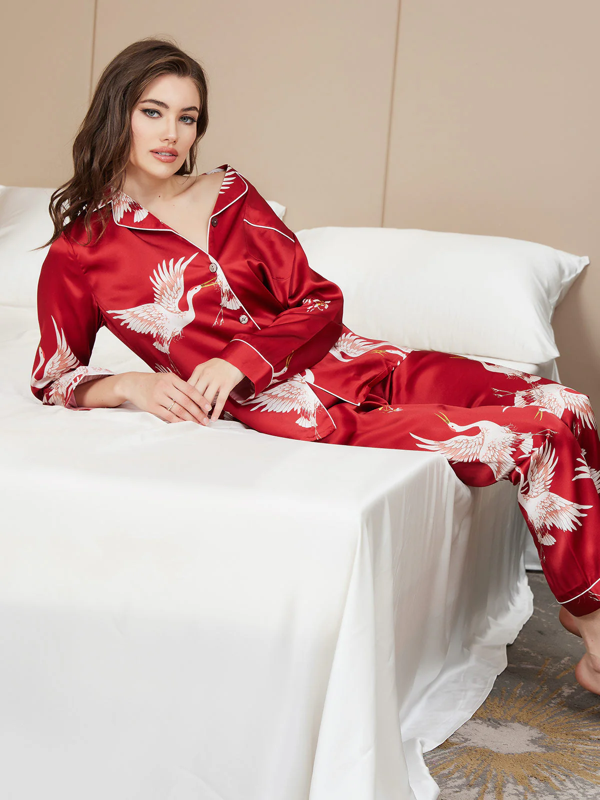 Ensemble De Pyjama En Soie Pure 19Momme À Revers Et À Manches Longues Pour Femme Avec Imprimé Grue - Image 8