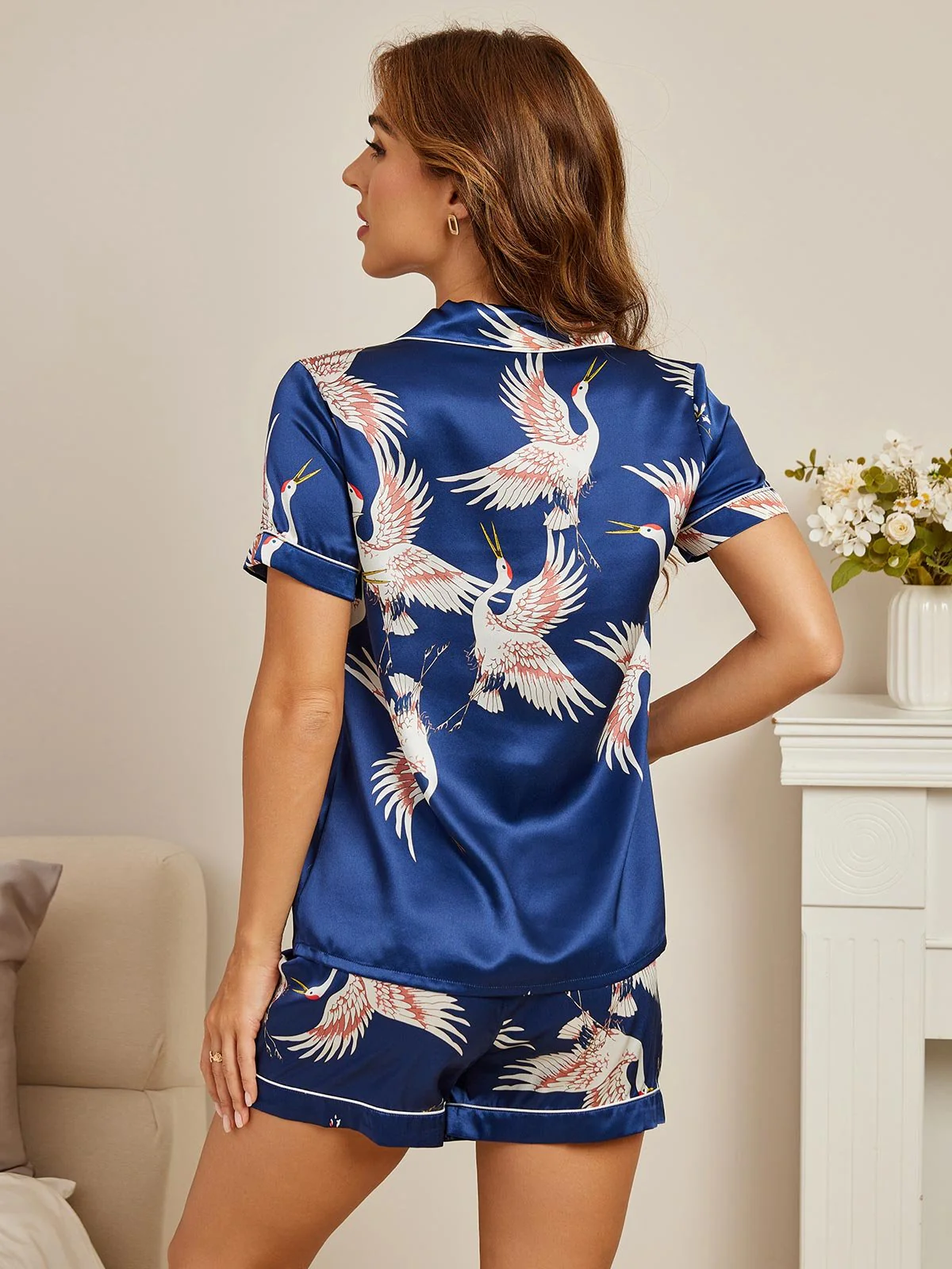 19Momme Pyjama Pour Femme En Soie Pure À Manches Courtes Imprimé Grue - Image 11