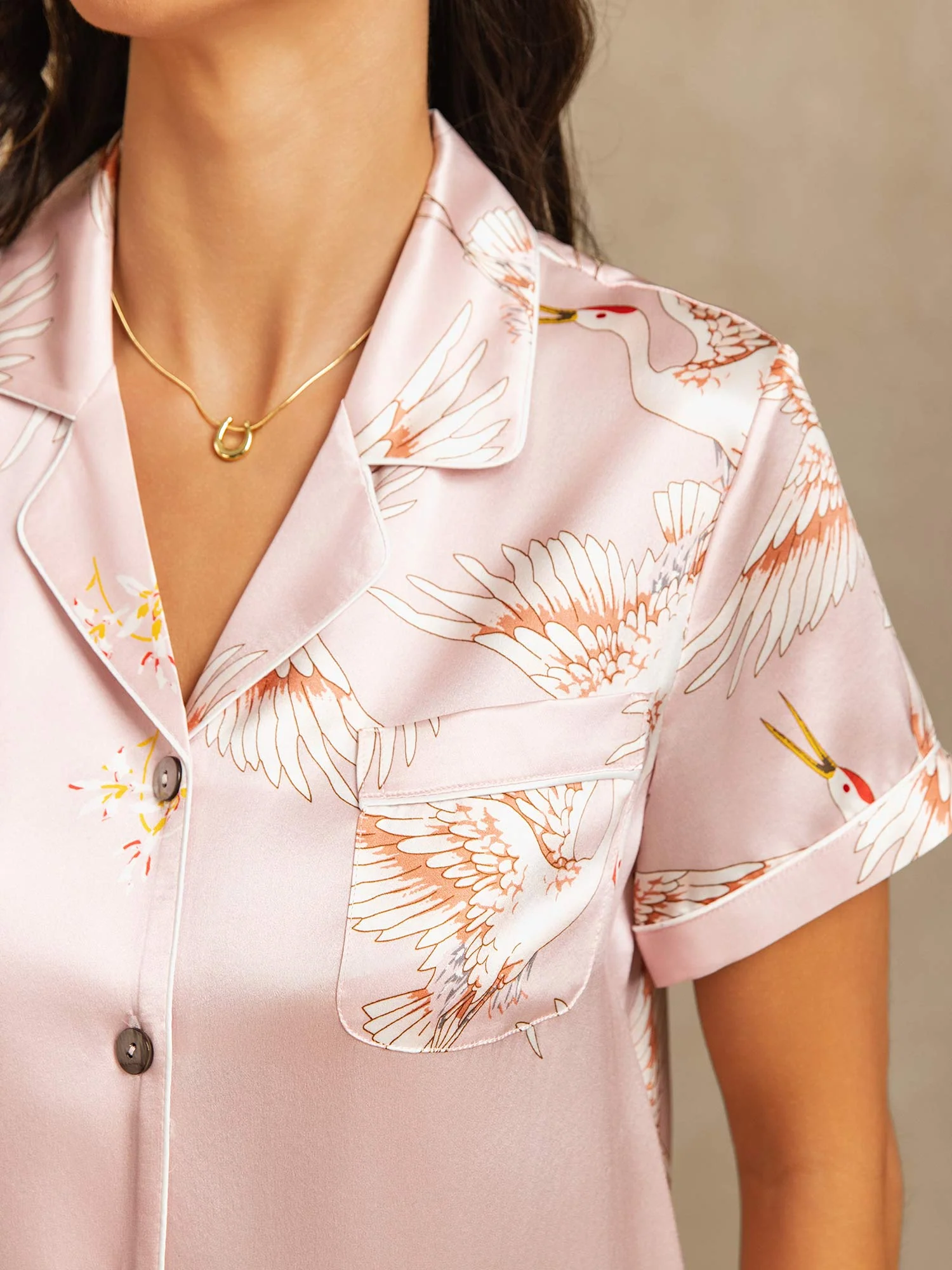 19Momme Pyjama Pour Femme En Soie Pure À Manches Courtes Imprimé Grue - Image 18