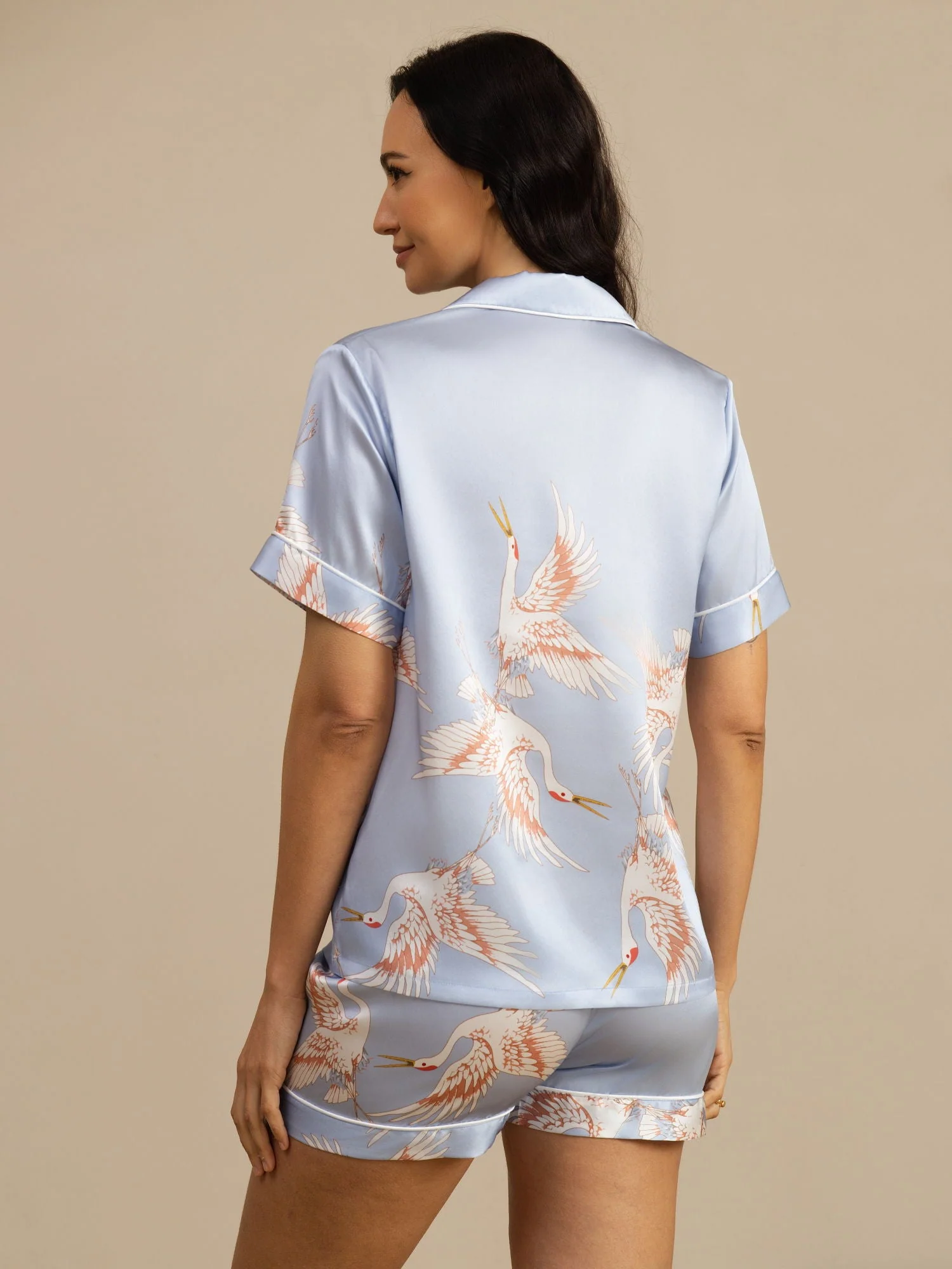 19Momme Pyjama Pour Femme En Soie Pure À Manches Courtes Imprimé Grue - Image 30