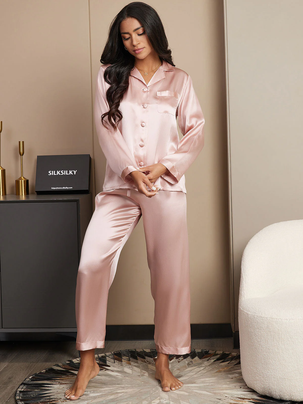 Pyjama À Manches Longues En Soie De Mûrier 100% Pour Femmes - Image 4