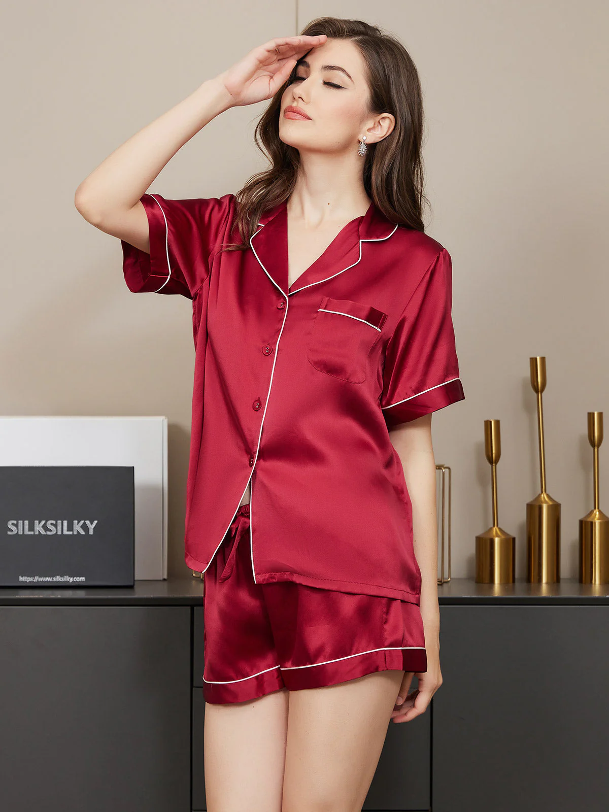 Pyjama À Manches Courtes En Soie De Mûrier 100% Pour Femmes - Image 4