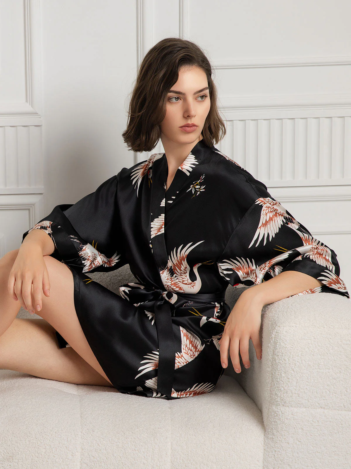 19Momme Robe Kimono Courte Femme En Soie Pure Imprimé Grue Avec Design Croisé Manches 3/4 - Image 12