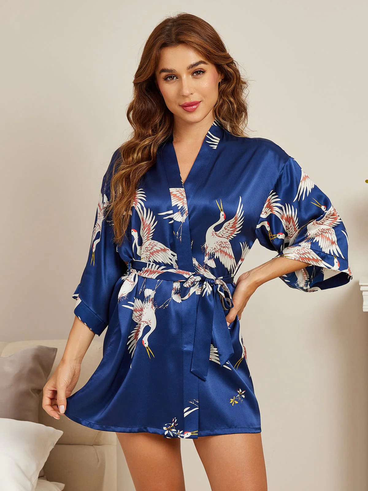 19Momme Robe Kimono Courte Femme En Soie Pure Imprimé Grue Avec Design Croisé Manches 3/4 - Image 16