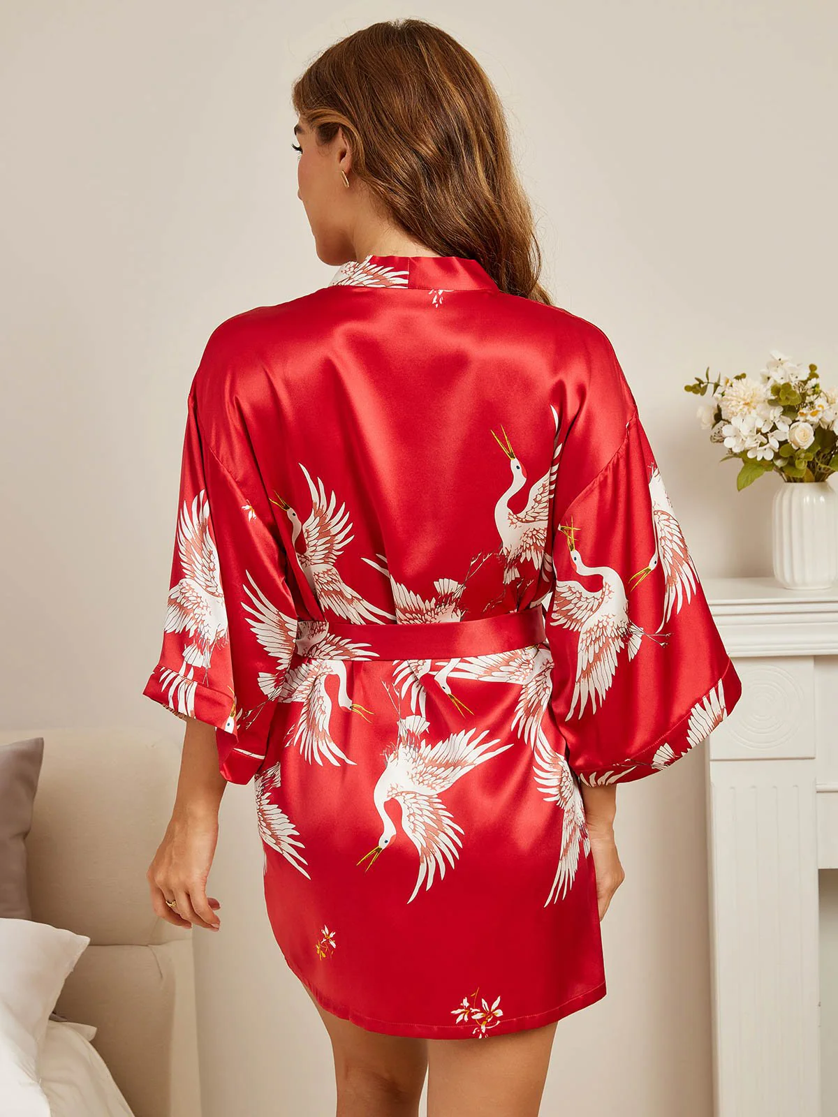 19Momme Robe Kimono Courte Femme En Soie Pure Imprimé Grue Avec Design Croisé Manches 3/4 - Image 21
