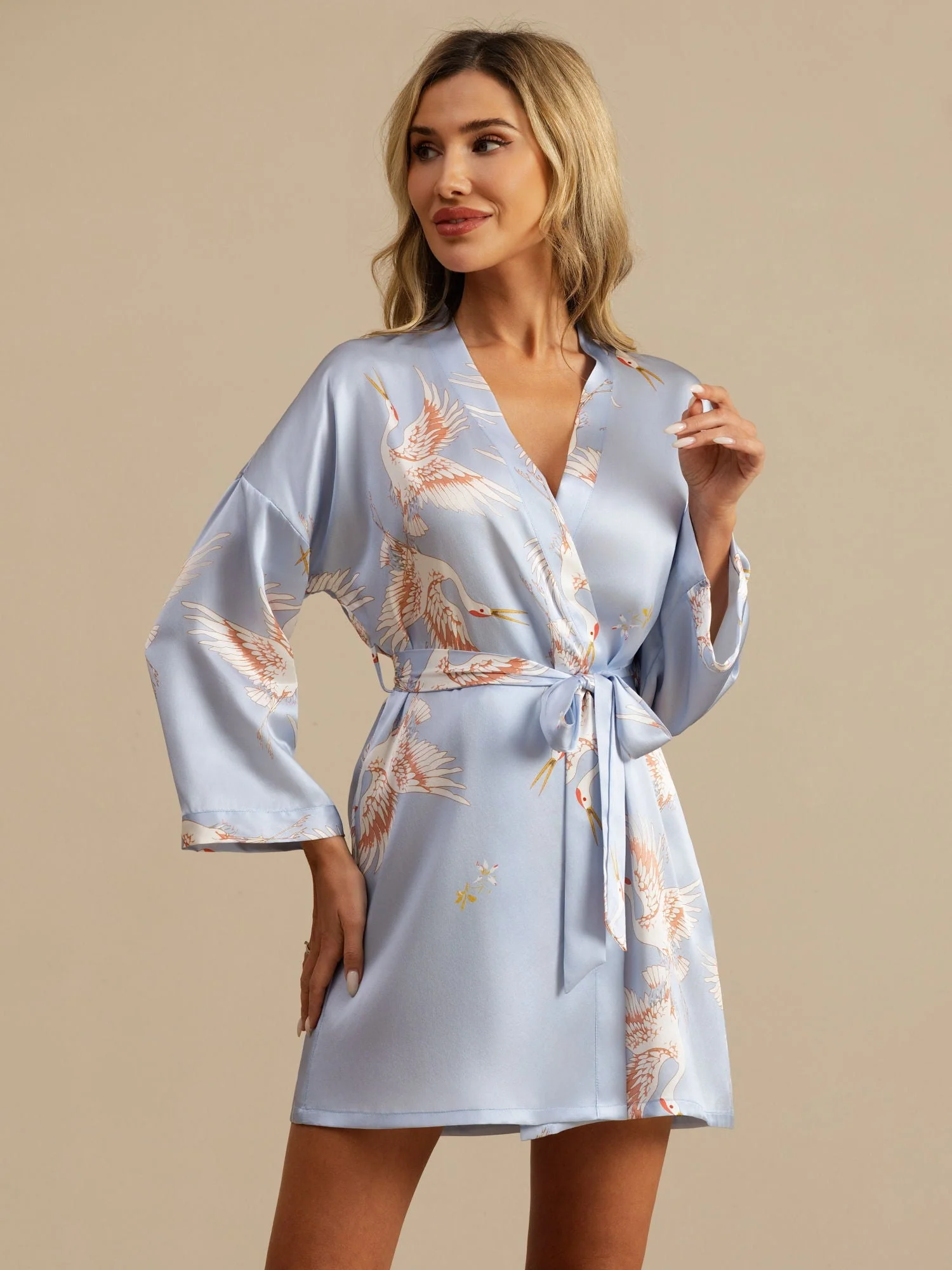 19Momme Robe Kimono Courte Femme En Soie Pure Imprimé Grue Avec Design Croisé Manches 3/4 - Image 24