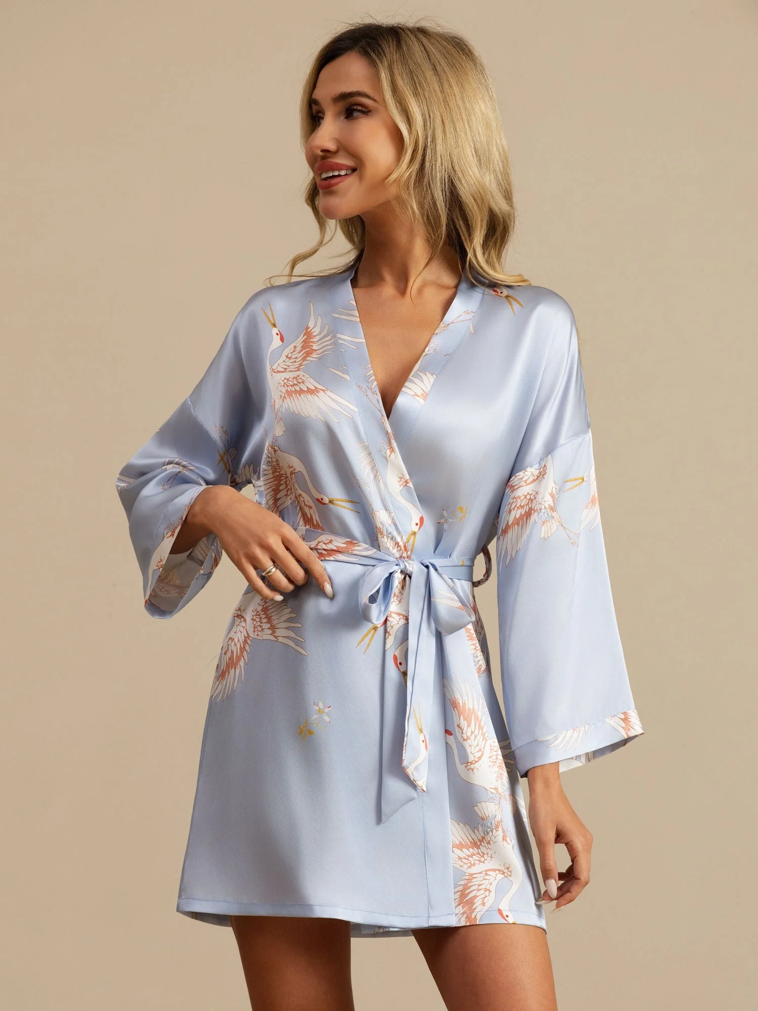 19Momme Robe Kimono Courte Femme En Soie Pure Imprimé Grue Avec Design Croisé Manches 3/4 - Image 26