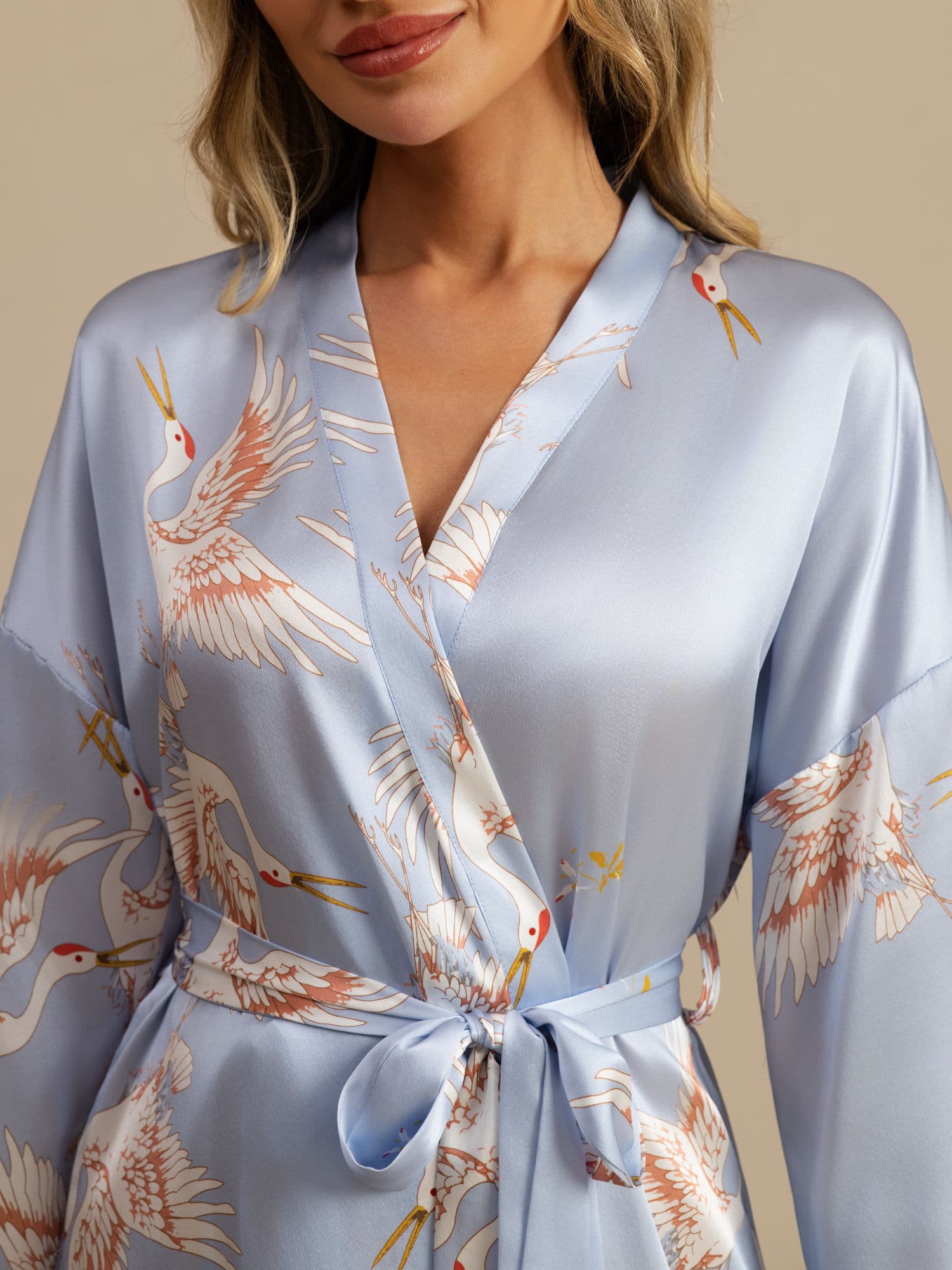 19Momme Robe Kimono Courte Femme En Soie Pure Imprimé Grue Avec Design Croisé Manches 3/4 - Image 28