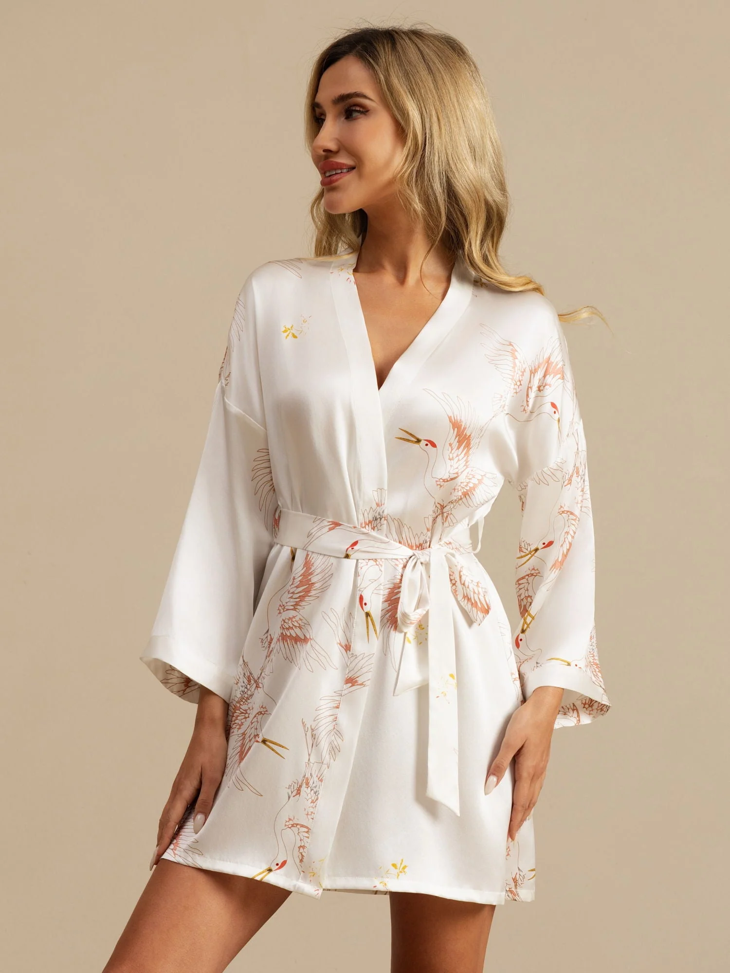 19Momme Robe Kimono Courte Femme En Soie Pure Imprimé Grue Avec Design Croisé Manches 3/4 - Image 31