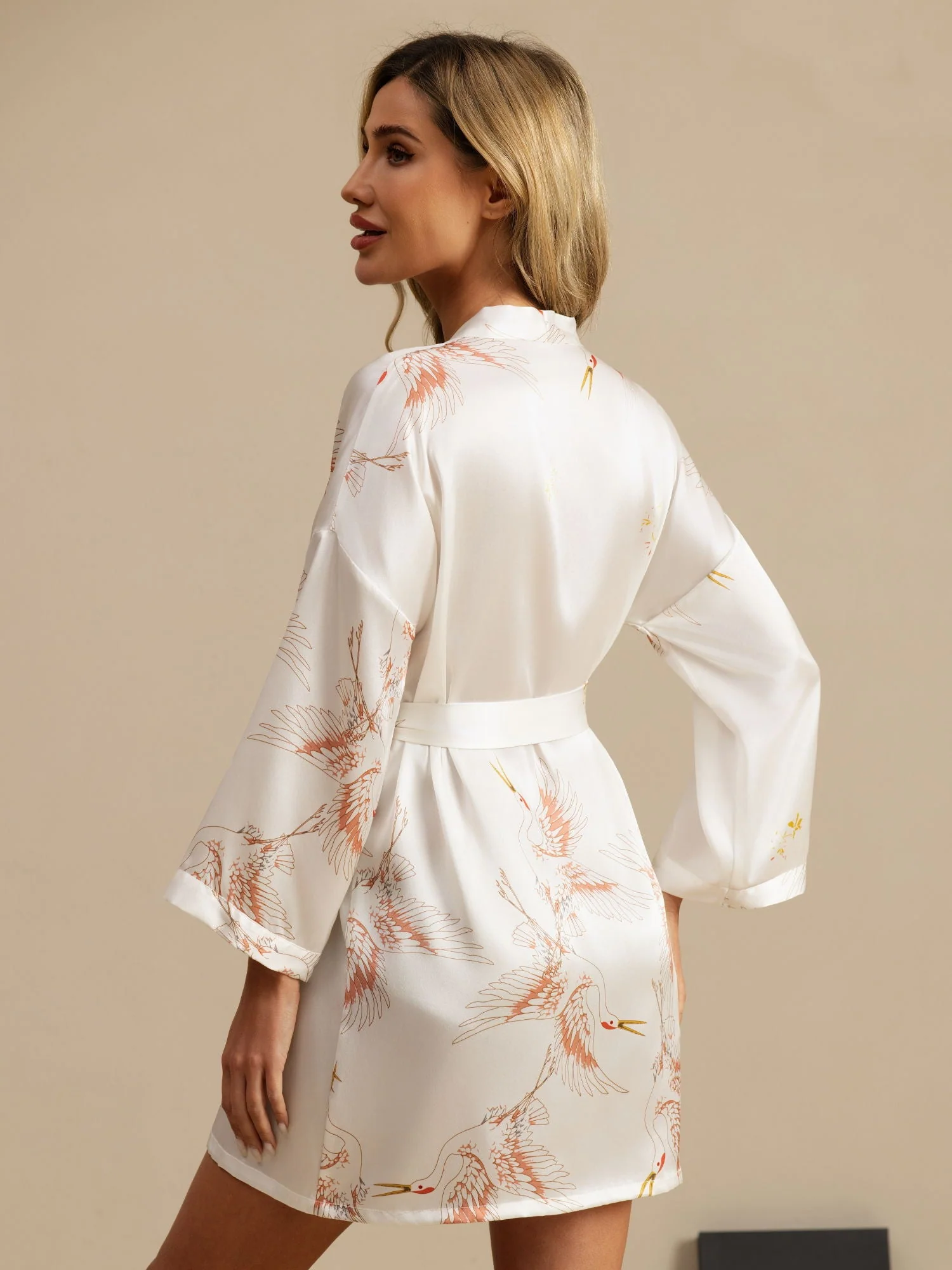 19Momme Robe Kimono Courte Femme En Soie Pure Imprimé Grue Avec Design Croisé Manches 3/4 - Image 32
