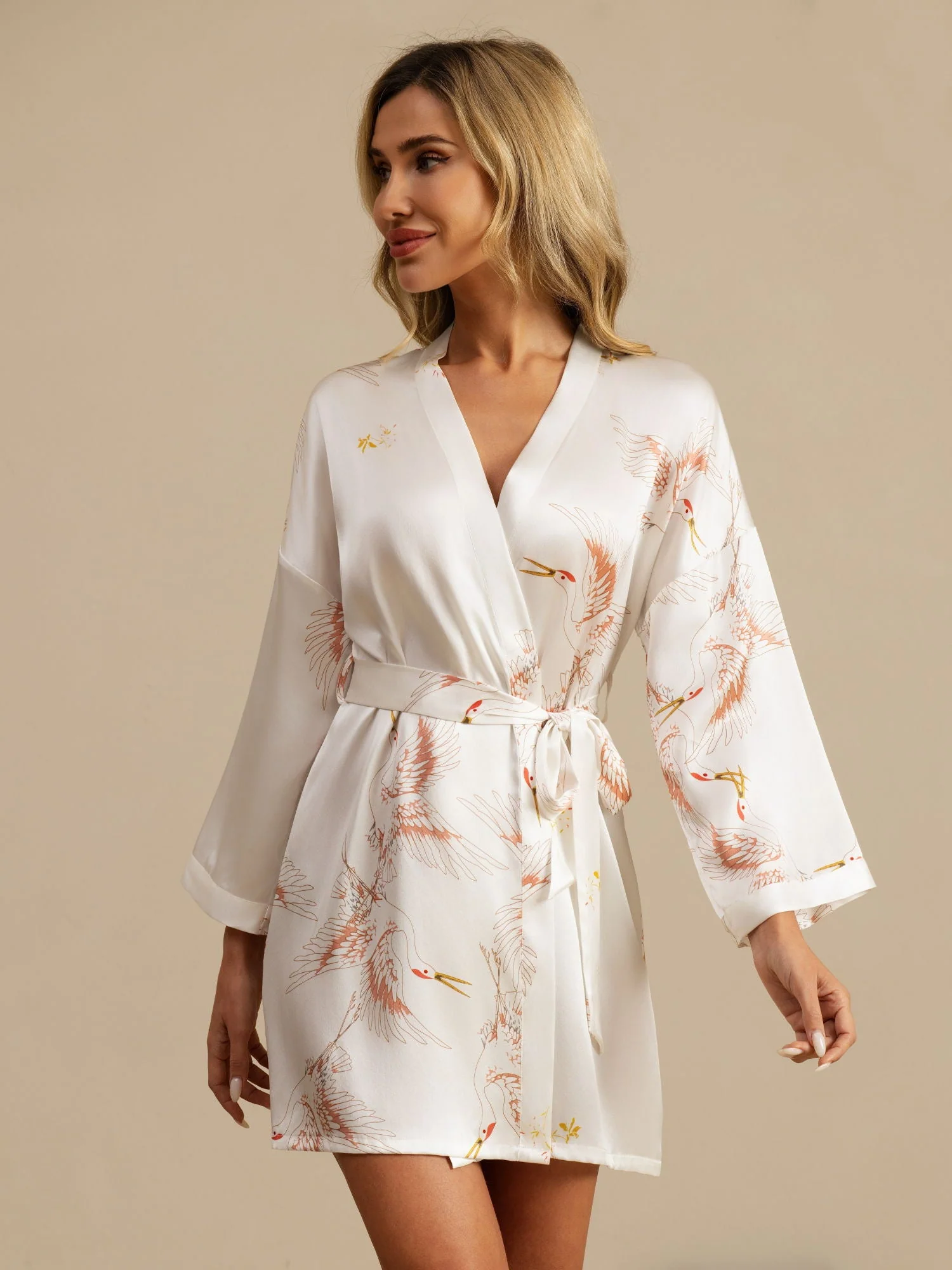 19Momme Robe Kimono Courte Femme En Soie Pure Imprimé Grue Avec Design Croisé Manches 3/4 - Image 34