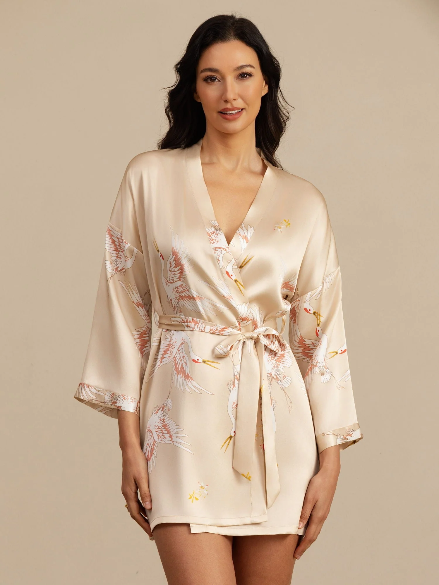 19Momme Robe Kimono Courte Femme En Soie Pure Imprimé Grue Avec Design Croisé Manches 3/4 - Image 38