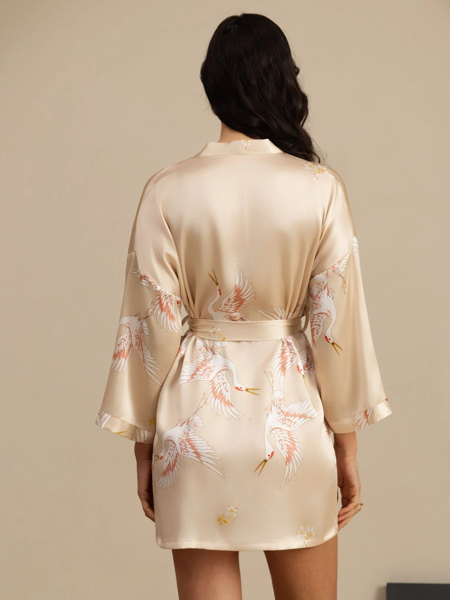 19Momme Robe Kimono Courte Femme En Soie Pure Imprimé Grue Avec Design Croisé Manches 3/4 - Image 39