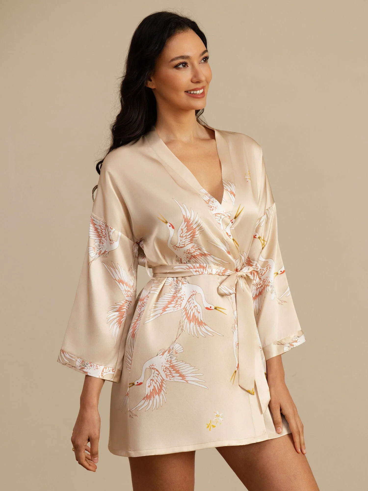 19Momme Robe Kimono Courte Femme En Soie Pure Imprimé Grue Avec Design Croisé Manches 3/4 - Image 40