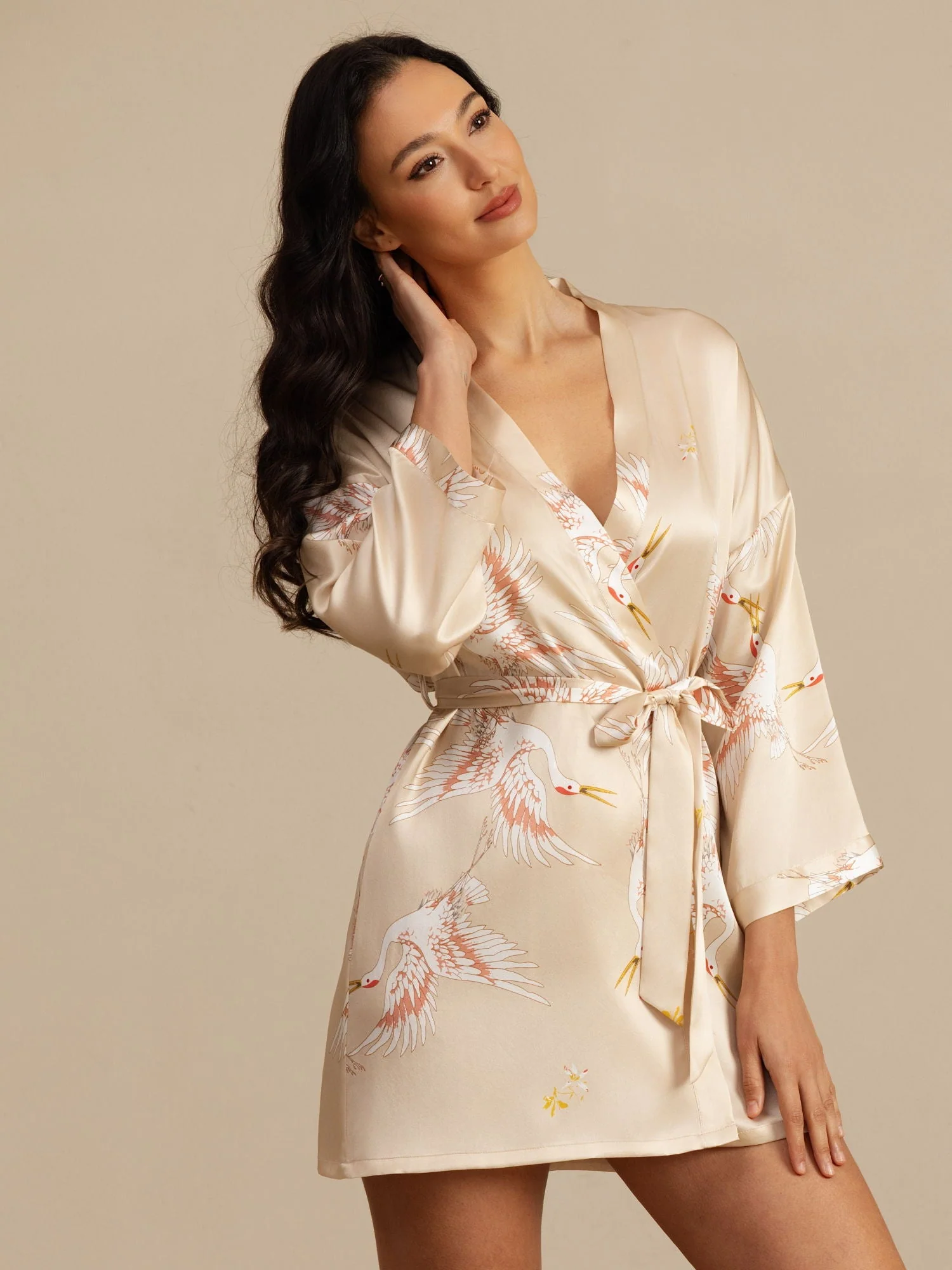 19Momme Robe Kimono Courte Femme En Soie Pure Imprimé Grue Avec Design Croisé Manches 3/4 - Image 42