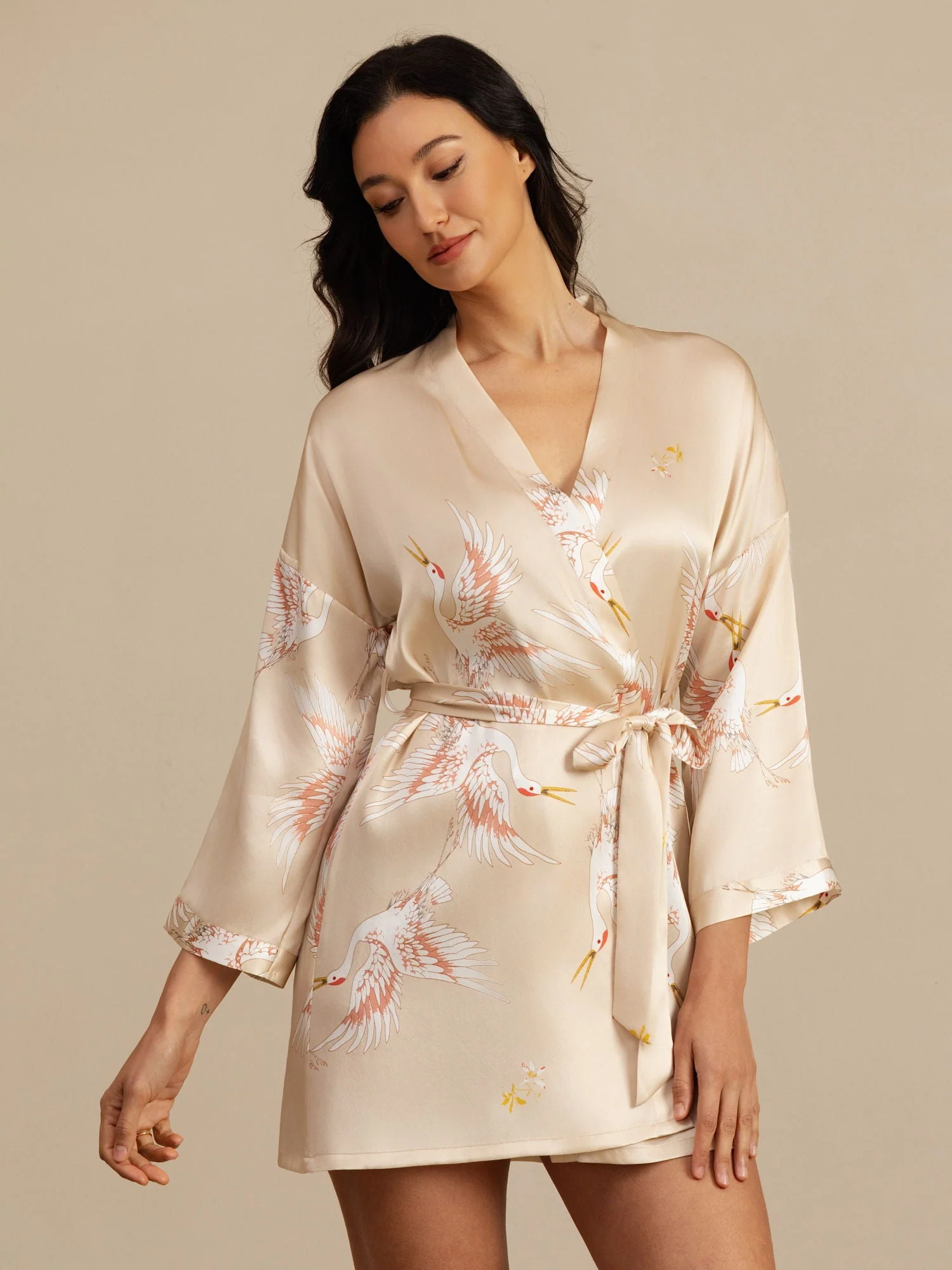 19Momme Robe Kimono Courte Femme En Soie Pure Imprimé Grue Avec Design Croisé Manches 3/4 - Image 43