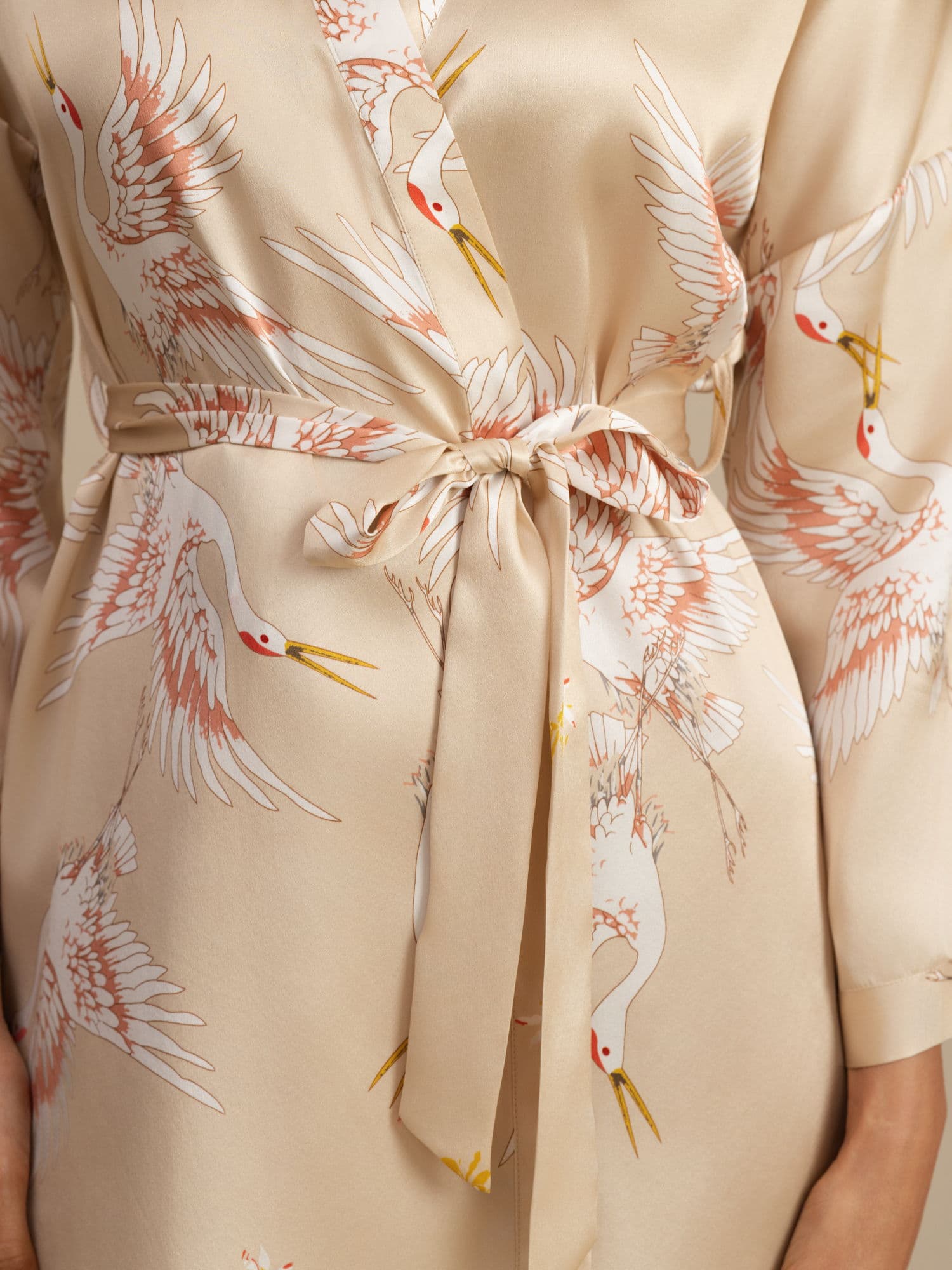 19Momme Robe Kimono Courte Femme En Soie Pure Imprimé Grue Avec Design Croisé Manches 3/4 - Image 44