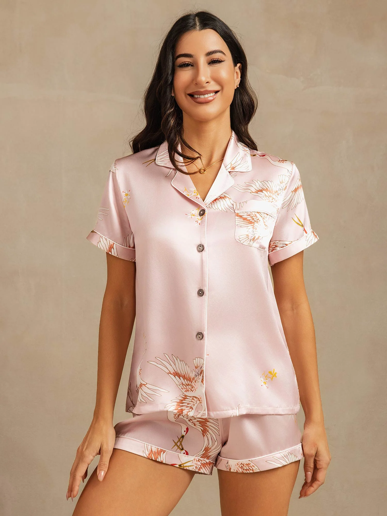 19Momme Pyjama Pour Femme En Soie Pure À Manches Courtes Col Notch Imprimé Grue