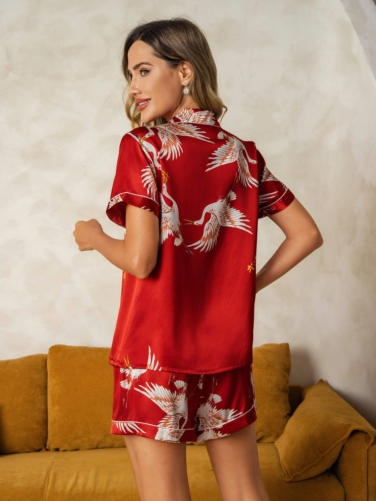 19Momme Pyjama Pour Femme En Soie Pure À Manches Courtes Col Notch Imprimé Grue - Image 10