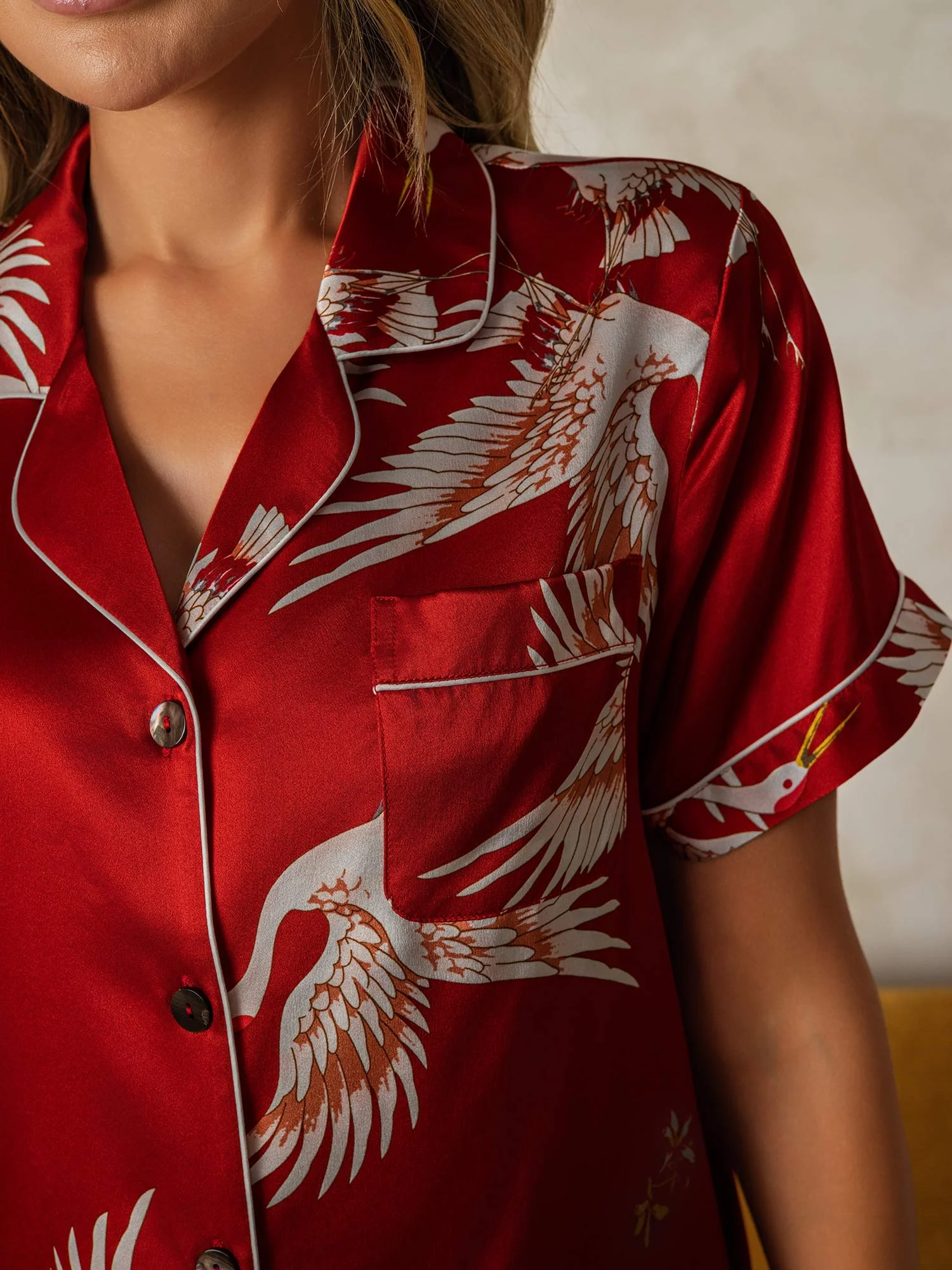 19Momme Pyjama Pour Femme En Soie Pure À Manches Courtes Col Notch Imprimé Grue - Image 11