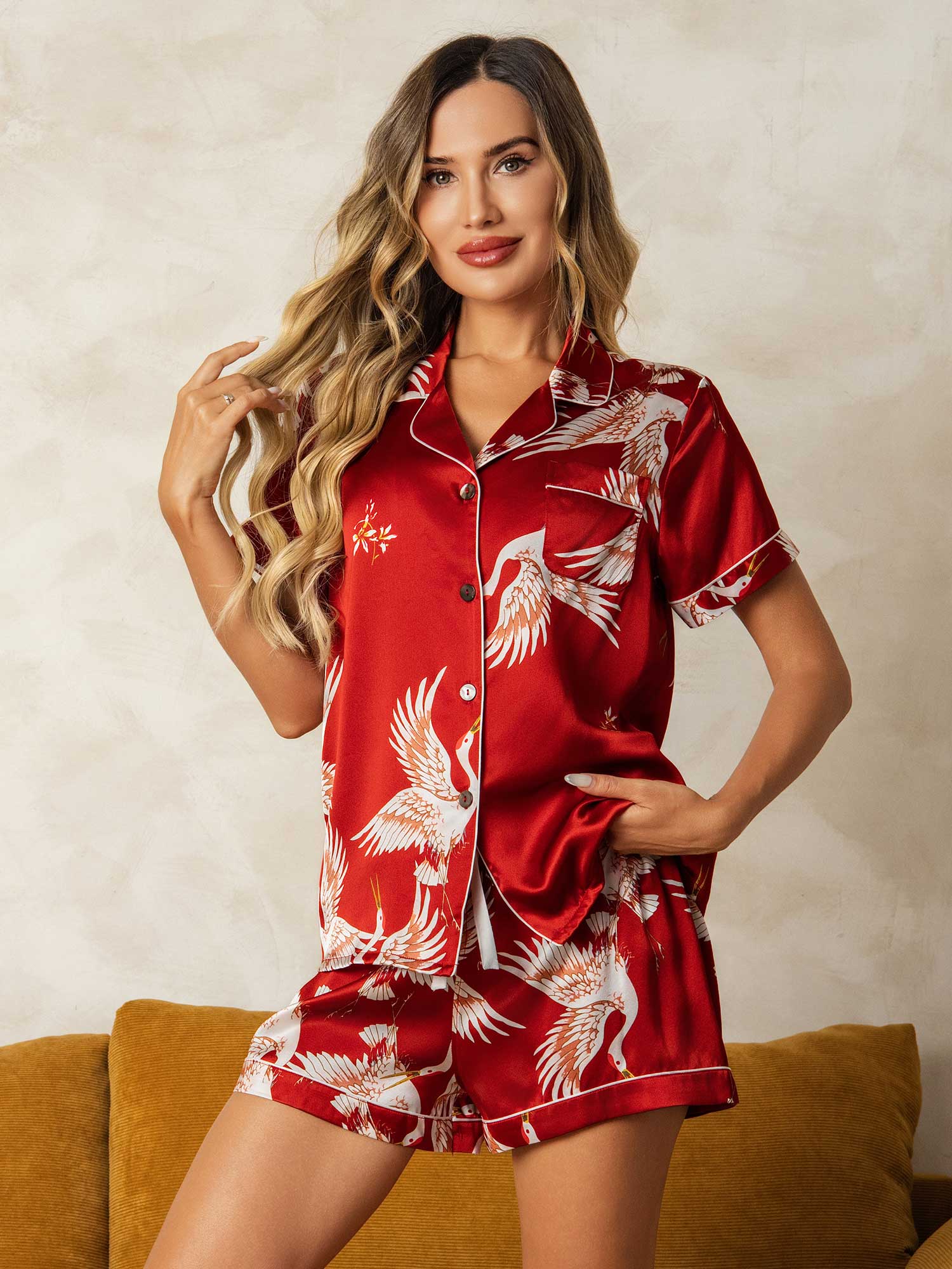 19Momme Pyjama Pour Femme En Soie Pure À Manches Courtes Col Notch Imprimé Grue - Image 12