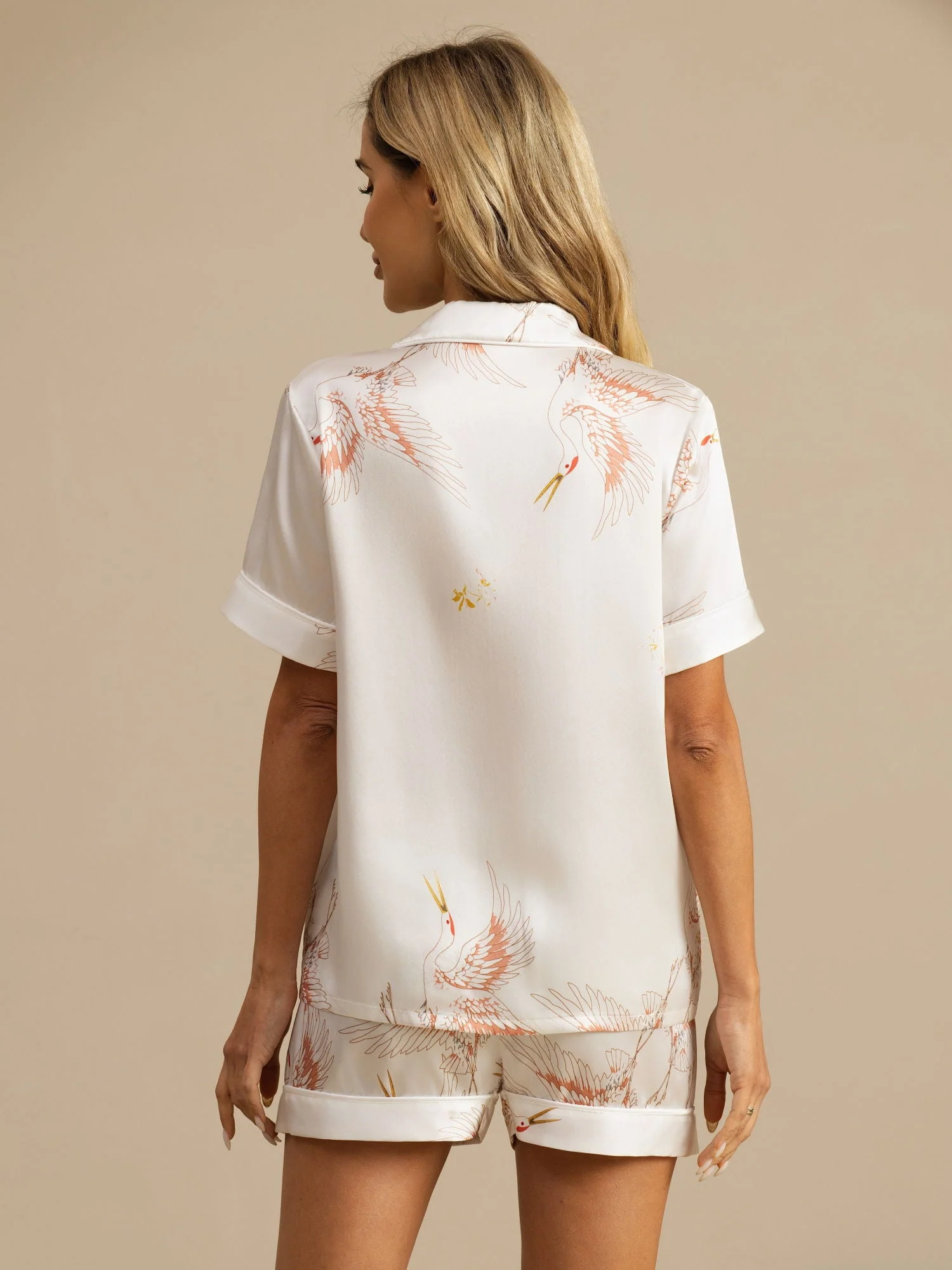 19Momme Pyjama Pour Femme En Soie Pure À Manches Courtes Col Notch Imprimé Grue - Image 23