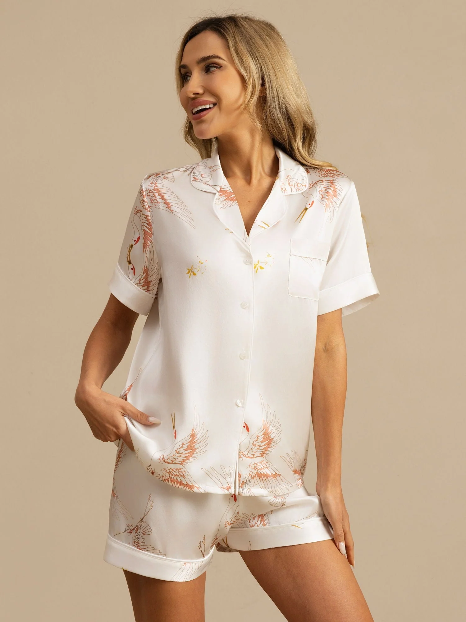 19Momme Pyjama Pour Femme En Soie Pure À Manches Courtes Col Notch Imprimé Grue - Image 25