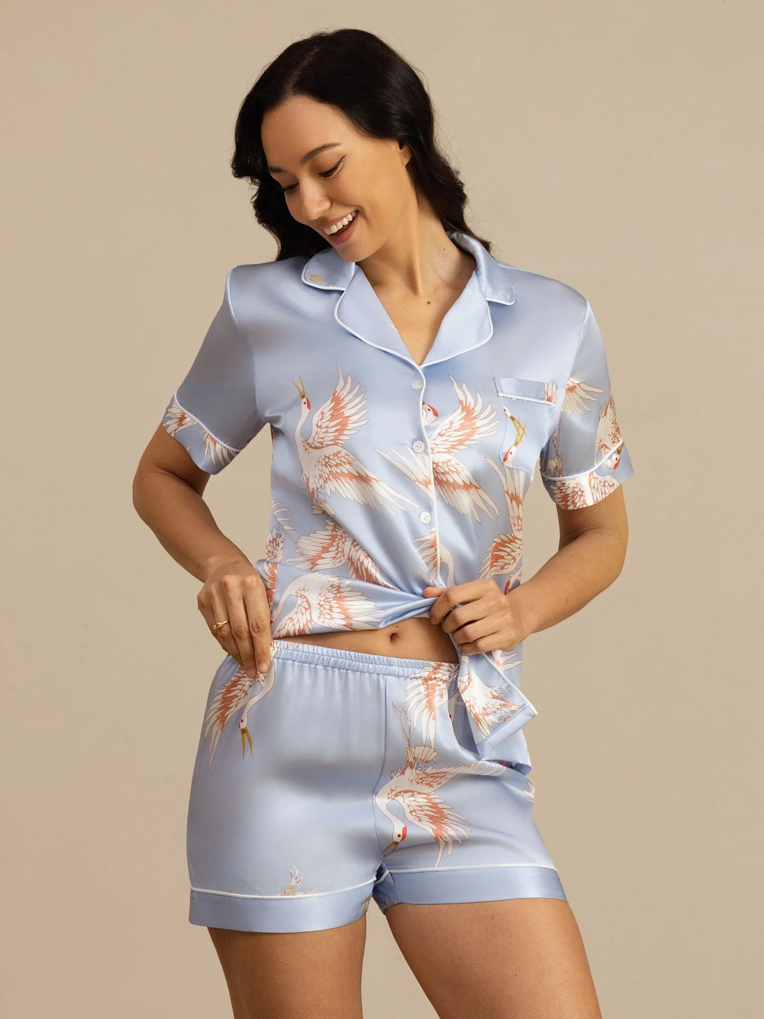 19Momme Pyjama Pour Femme En Soie Pure À Manches Courtes Col Notch Imprimé Grue - Image 29