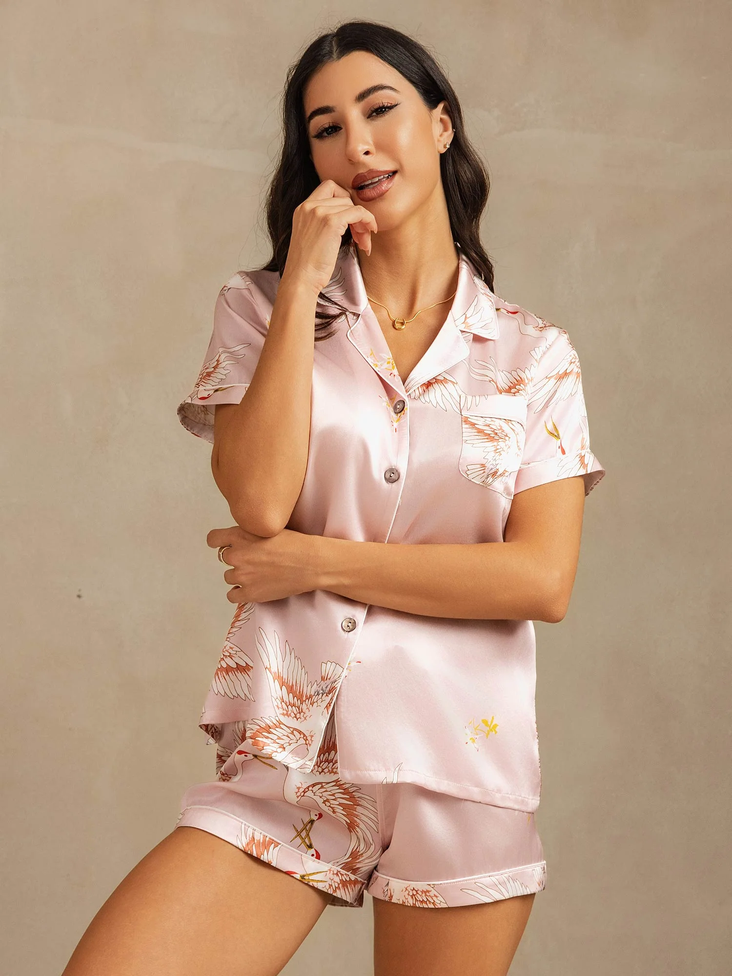 19Momme Pyjama Pour Femme En Soie Pure À Manches Courtes Col Notch Imprimé Grue - Image 3