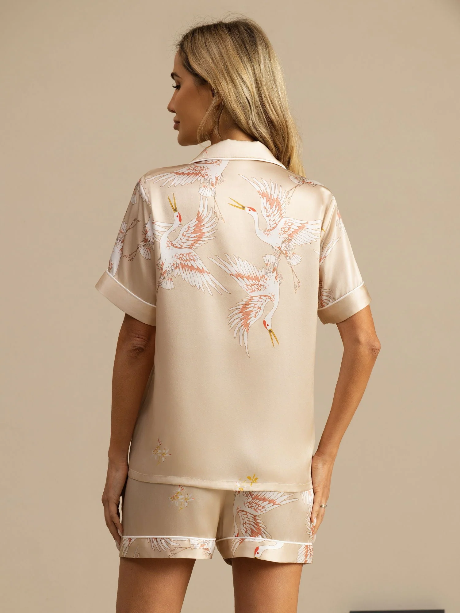 19Momme Pyjama Pour Femme En Soie Pure À Manches Courtes Col Notch Imprimé Grue - Image 37