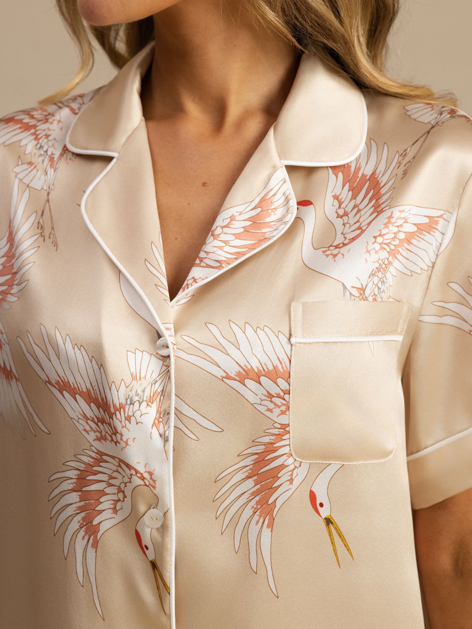 19Momme Pyjama Pour Femme En Soie Pure À Manches Courtes Col Notch Imprimé Grue - Image 40
