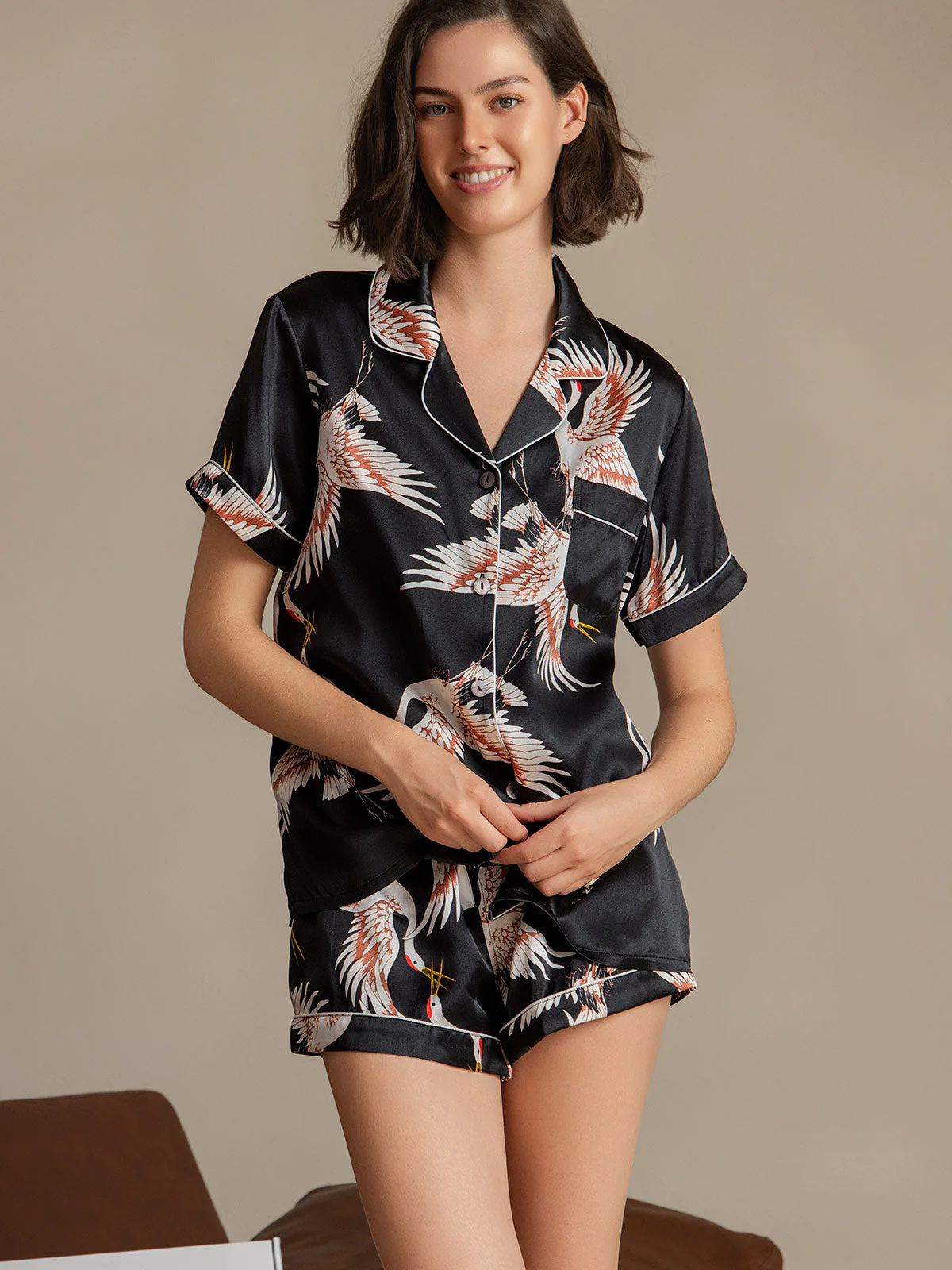 19Momme Pyjama Pour Femme En Soie Pure À Manches Courtes Col Notch Imprimé Grue - Image 44