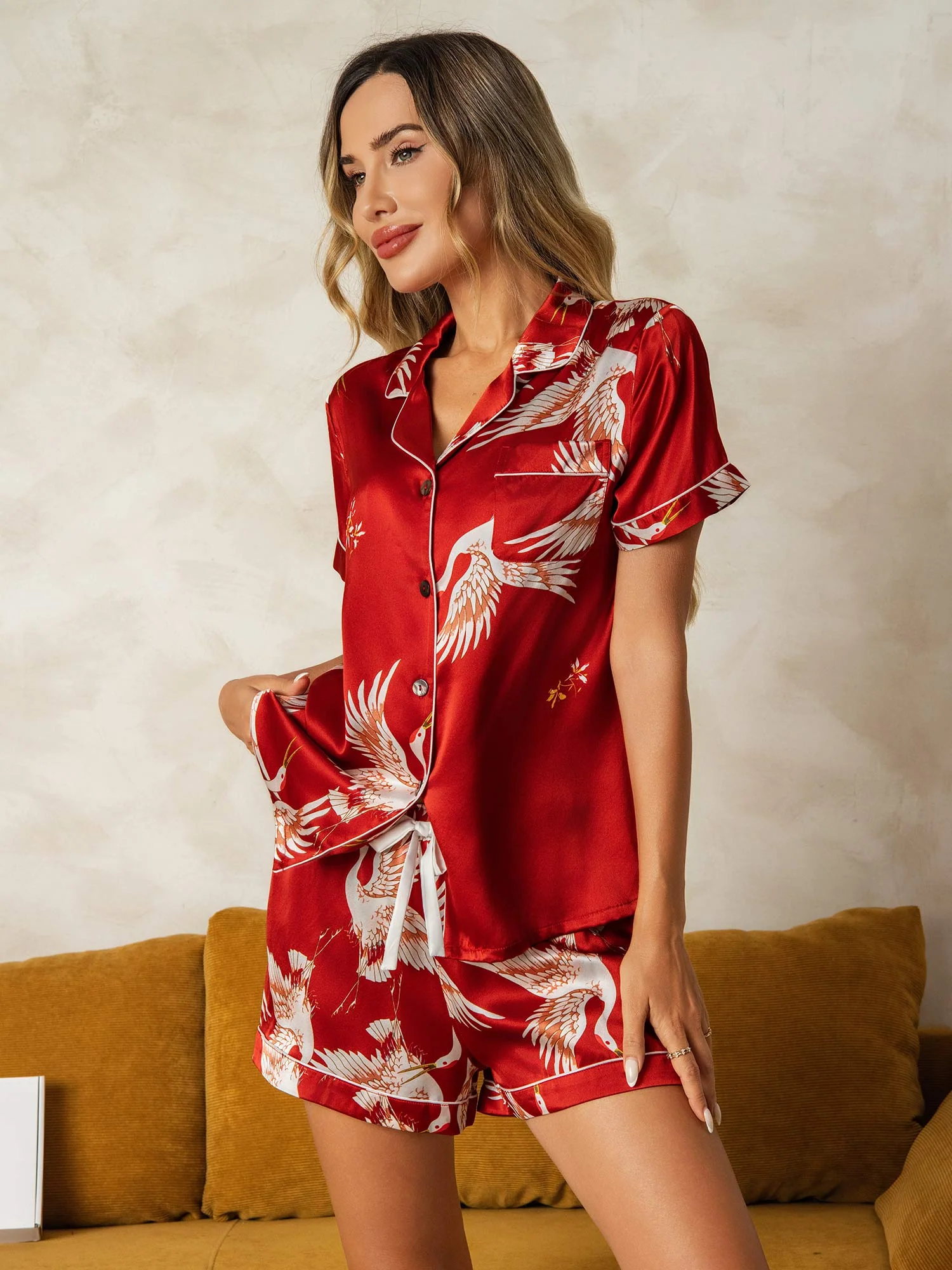 19Momme Pyjama Pour Femme En Soie Pure À Manches Courtes Col Notch Imprimé Grue - Image 9